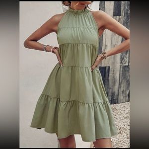 Tie back halter neck ruffle hem smock dress
